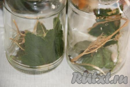 Банки простерилизовать любым способом. На дно каждой банки выложить зонтик укропа (я использовала сушёный укроп), листочки смородины, очищенный чеснок, горошинки чёрного и душистого перцев, лавровый лист.