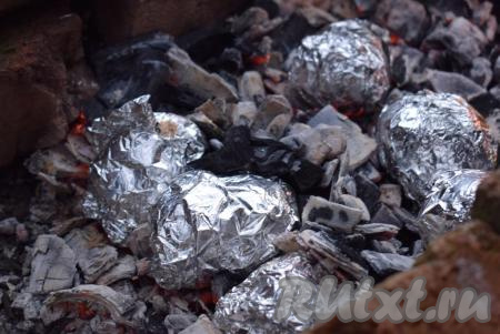 Картошку с салом, завёрнутую в фольгу, выкладываем в костер на угли.