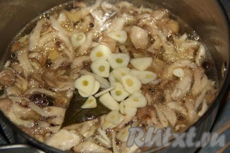 Чеснок очистить, нарезать тонкими лепестками, добавить в кастрюлю с грибами, дать провариться 1 минуту с момента закипания и снять кастрюлю с огня.