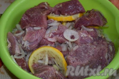 Перемешаем кусочки свинины с лимоном и луком, оставим мариноваться на 5-8 часов при комнатной температуре. Можно оставить мясо мариноваться на ночь в холодильнике.