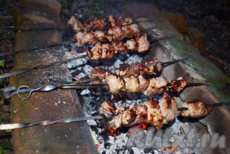 Замаринованные кусочки свинины нанизываем на шампуры и жарим на горячих углях (костёр должен предварительно хорошо прогореть, в нём уже не будет огня, а останутся только очень горячие угли). Несколько раз переворачиваем шампуры с мясом в процессе жарки, чтобы кусочки свинины прожарились со всех сторон. Следим, чтобы мясо не подгорало. Кусочки шашлыка из свинины должны получиться красивого румяного цвета. Шашлык будет готов, когда при разрезании кусочка из него будет выделяться прозрачный сок без примесей крови. Время приготовления шашлыка из свинины, замаринованной с лимоном и луком, у всех будет разным - оно зависит от температуры воздуха на улице, от количества и жара углей, плотности нанизывания мяса на шампуры, от величины нарезки мяса. В&nbsp;среднем на приготовление шашлыка уходит от 20 до 35 минут.