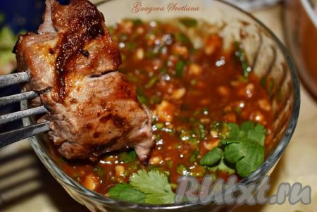 Я предпочитаю шашлык из свинины, замаринованной с лимоном и луком, подавать с томатным соусом с кинзой. Очень вкусно, непременно попробуйте!