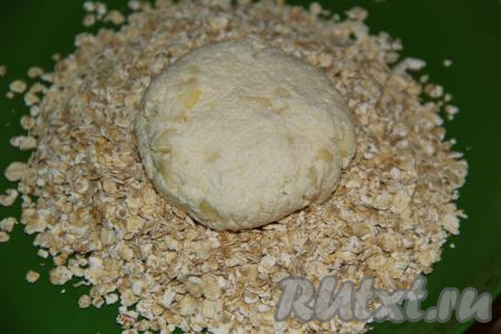 Перемешать творожно-яблочную массу ложкой (или лопаткой), она получится слегка липкой. Овсяные хлопья (я взяла № 2), всыпать на плоскую тарелку. Из творожной массы сформировать круглые сырники и обвалять со всех сторон в овсяных хлопьях.