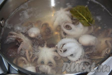 Выложить осьминогов&nbsp;в кастрюлю, залить холодной водой, добавить лавровый лист и поставить на огонь. Варить осьминогов,&nbsp;примерно, 20 минут с момента закипания, затем откинуть на дуршлаг и остудить.