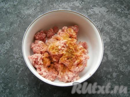 Фарш выложить в миску, добавить соль и специи по вкусу, перемешать.