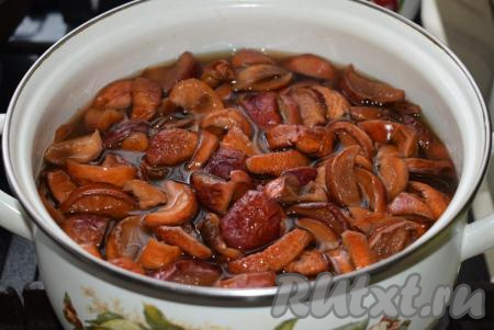 Далее уменьшаем огонь до минимума и варим компот из сушеных яблок еще 7-8 минут (даем яблокам напитаться влагой).