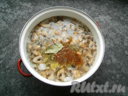 Добавить лавровый лист, приправу и специи, варить суп  минут 10 с момента закипания на небольшом огне.