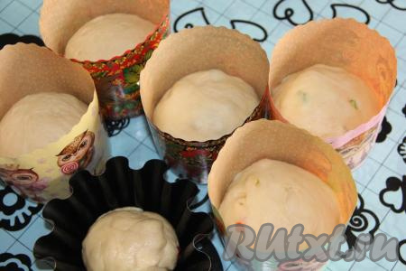 Разложить тесто по формам для выпечки куличей (я выпекала в бумажных формах), заполняя их на половину объёма. У меня получилось 6 куличиков среднего размера. Оставить тесто в формах в тёплом месте на 1 час.