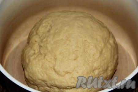 Замесить нежное и пластичное тесто. Переложить тесто в большую миску (или кастрюлю), накрыть полотенцем и оставить в тепле на 1,5-2 часа.