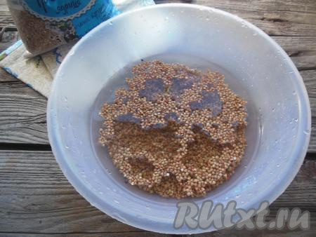 Тщательно переберите гречневую крупу. Затем промойте её несколько раз в теплой воде, воду слейте.