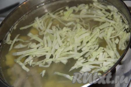 Когда мясо проварится минут 30, добавить в кастрюлю картофель и капусту, варить 15-20 минут.