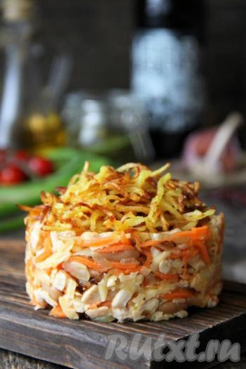 Поверх салатика пышной горкой выложите жареный картофель. Салат с консервированной белой фасолью и курицей получается сытным, вкусным, а при порционной подаче и красивым, и очень аппетитным. 