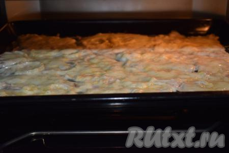 Далее отправляем противень с отбивными из куриного филе с сыром в разогретую духовку и запекаем при температуре 190 градусов, примерно, 25 минут. В процессе запекания отбивные пустят много сока. В этом соке они и будут запекаться.