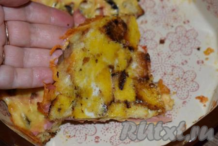 А на этом фото я решила показать донышко, как видите, всё скреплено между собой, яичная смесь схватилась, но не пригорела, пахнет такая пицца очень вкусно и аппетитно.