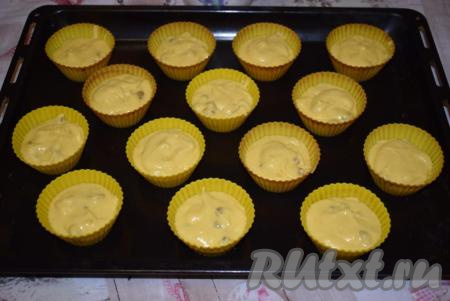 На противне, на котором будут выпекаться кексы, расставим силиконовые формочки и смажем их растительным маслом при помощи ватного тампона или кулинарной кисти. Заполним формочки тестом более чем на 2/3 (по данному рецепту кексы с изюмом поднимаются несильно).
