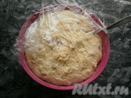 Тесто увеличится почти вдвое, его нужно будет&nbsp;ложкой снова&nbsp;перемешать и оставить&nbsp;еще на 1 час. За это время тесто увеличится вдвое-втрое.