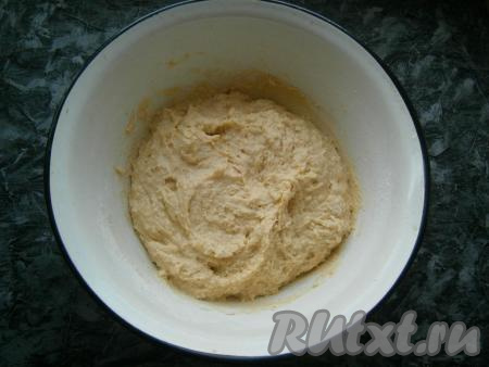Замесить ложкой густое, липкое и достаточно тяжелое тесто. У меня миска оказалась маловата, я переложила тесто в другую, более объемную.