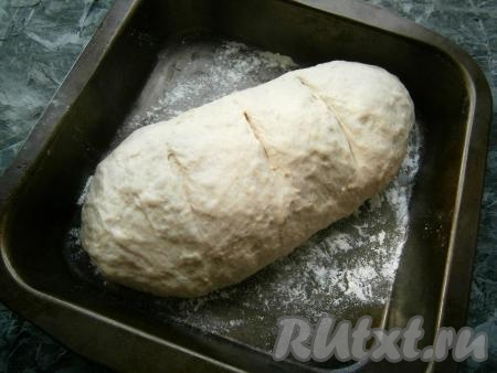 Немного присыпать стол мукой, выложить тесто. Придать тесту продолговатую (или круглую) форму. Противень (или форму для выпечки) присыпать мукой и выложить сформированное тесто, накрыть пленкой и оставить для расстойки на 30 минут в теплом месте. Сделать несколько надрезов на поверхности теста.