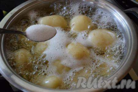 Ставим кастрюлю на огонь, после закипания воды уменьшаем огонь и варим картофель, примерно, 10 минут, по прошествии времени солим воду.