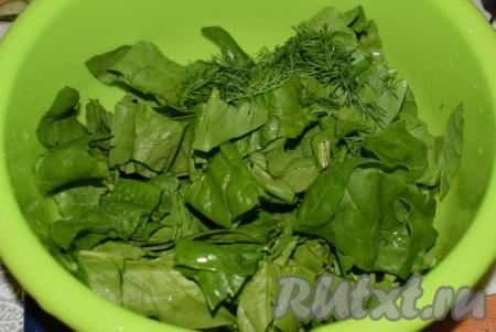 Далее нарежем рукколу и шпинат на полоски шириной, примерно, 2-3 см. Если у вас нет шпината, то можно приготовить этот салат просто с рукколой, тоже будет вкусно. Укроп разделим на 2 равные части и нарежем мелко одну часть укропа. Складываем нарезанную зелень в миску.