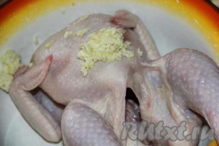 Цыплёнка промыть под проточной водой и обсушить бумажным полотенцем. Чеснок очистить и пропустить через пресс. Хорошо натереть цыплёнка снаружи и внутри чесноком, солью и специями.