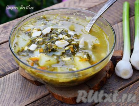 Щавелевый суп, приготовленный с яйцами без добавления мяса, подаём в горячем виде с зеленым луком или молодым чесноком. По желанию, при подаче можно приправить это блюдо сметаной.