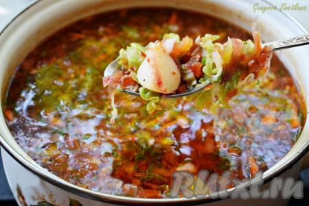 Выключаем огонь и даем нашему вкуснейшему борщу с молодой капустой настояться 5-7 минут под закрытой крышкой.