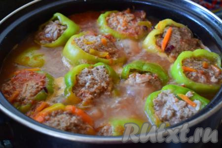 Далее ставим кастрюлю с фаршированными перцами на умеренный огонь, доводим до кипения, солим и перчим по вкусу.&nbsp;Накрываем кастрюлю крышкой и готовим, примерно, 35-40 минут на небольшом огне. По прошествии времени фаршированные перчики будут полностью готовы. Такое аппетитное, сытное, по-настоящему домашнее&nbsp;блюдо придется по вкусу многим!