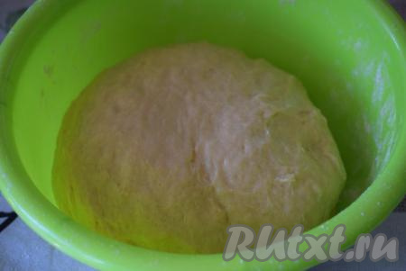 Готовое тесто получится мягким и упругим, оно не будет липнуть ни к рукам, ни к столу. Кладём тесто в миску, накрываем пленкой и отправляем на расстойку в теплое место без сквозняков на 1 час.