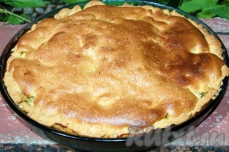 Полученное бисквитное тесто вылить на начинку из ревеня и отправить пирог на песочной основе в духовку при температуре 200 градусов. Выпекать до золотистой корочки.