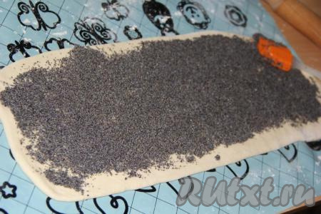 Выложить половину маковой&nbsp;начинки и равномерно распределить её по тесту, оставляя края пласта чистыми.
