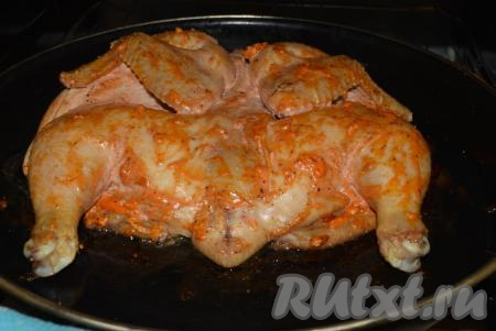 Даём курице пропитаться и промариноваться в течение 1,5-2 часов. Далее выкладываем птицу спинкой вверх на противень, смазанный растительным маслом, и отправляем запекаться в разогретую духовку при температуре 180-190 градусов на 50 минут.