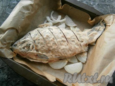 По спинке карася&nbsp;с двух сторон&nbsp;сделать по несколько глубоких надрезов. Рыбку немного посолить и натереть специями для рыбы снаружи и внутри, полить соком лимона. Щедро смазать карася внутри и снаружи приготовленным соусом. Выложить карасика на лук.