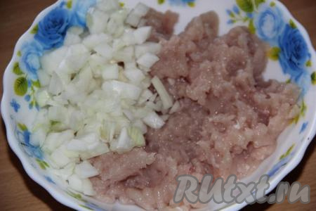 Лук очистить и мелко нарезать. Соединить лук и фарш.