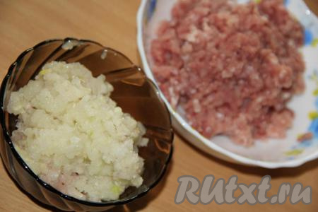 Лук и чеснок очистить и пропустить через мясорубку. Соединить фарш, мякоть лука и чеснока, добавить соль и специи по вкусу, хорошо вымесить фарш.