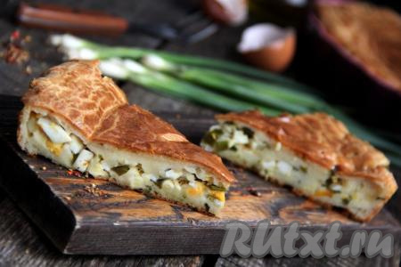 Нарезать вкусный, сытный, нежный заливной пирог на кусочки и подать к столу. Варёные яйца и зелёный лук в этой выпечке идеально сочетаются с тестом. Уверена, такой пирог никого не оставит равнодушным и порадует не только прекрасным вкусом, но и простотой приготовления!