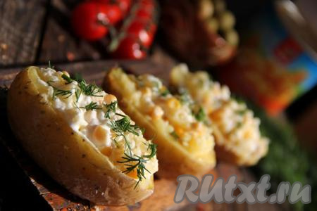 Аппетитные картофельные лодочки с нежной, вкусной начинкой, присыпав зеленью, подать к столу. Запечь картофель в духовке совсем несложно, а нафаршировав его начинкой со сметаной и сыром, вы получите великолепное блюдо, которое понравится многим!