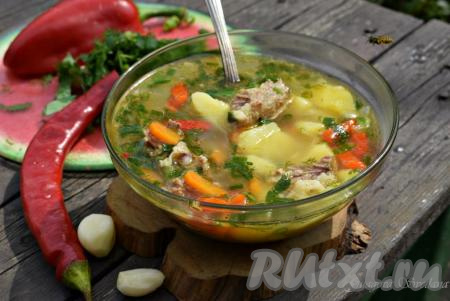 Ароматную, вкусную и аппетитную шурпу из телятины подаём к столу, обильно посыпая&nbsp;суп свежей зеленью. 