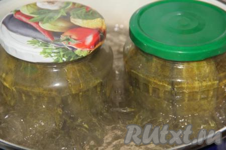 Поставить баночки с огурцами в кастрюлю с тёплой водой (для того чтобы банки не треснули в процессе стерилизации, на дно кастрюли можно выложить тряпочку, сложенную в 2-3 раза). Вода в кастрюле должна быть, примерно, по "плечики" банок. Прикрыть банки крышками. Кастрюлю с банками с огурчиками поставить на средний огонь и стерилизовать минут 10 с момента закипания воды в кастрюле.