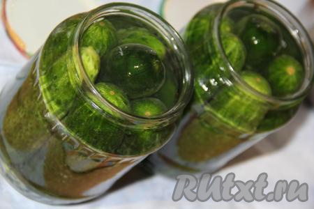 Приготовленный горячий маринад влить в банки с огурцами, заполняя баночки до самого верха.