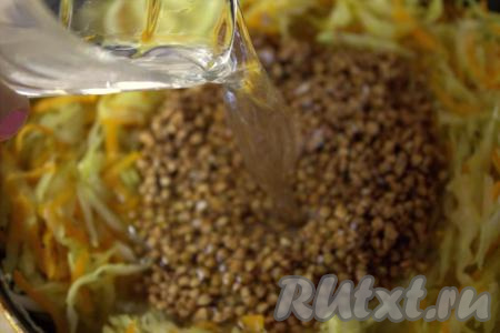 Посолить, добавить специи по вкусу, влить два стакана холодной воды, закрыть сковороду крышку и тушить капусту с гречкой на среднем огне 15-20 минут.