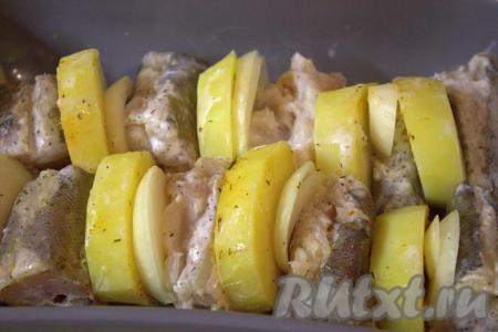 В жаропрочную форму, чередуя, выложить кружочки картофеля и лука, порционные кусочки хека (как на фото).