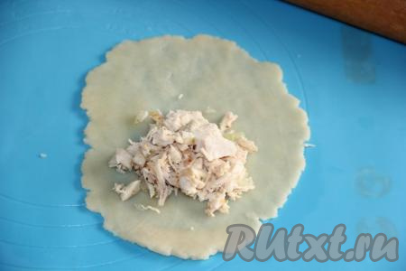 Тесто разделить на 8 равных частей. Раскатать каждую часть теста в тонкий круг. На край теста выложить часть начинки. Я сразу разделила начинку на 8 частей.