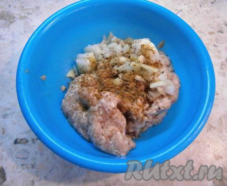 Очистить одну луковицу, а затем мелко нарезать и выложить к куриному фаршу, всыпать соль, специи и молотый чёрный перец.