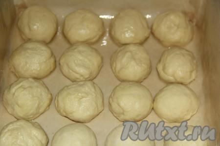Противень (или форму для выпечки) застелить пергаментом и смазать растительным маслом. Из теста сформировать круглые булочки и выложить на противень на некотором расстоянии друг от друга (в этом рецепте очень важно оставить место между булочками для расстойки).