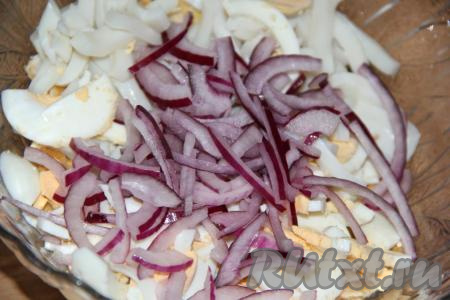 Очистить и нарезать тонкими полукольцами лук. Соединить нарезанные тушки кальмаров, яичные блинчики, яйца и лук.