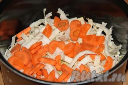 Морковь очистить, нарезать на кружочки (или полукружочки) и добавить в чашу мультиварки.