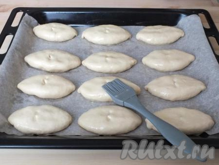 Подготовленные пирожки смажьте яйцом и поставьте в горячую духовку на 25 минут. Учитывайте особенности своей духовки!