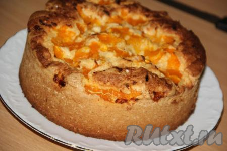 Выпекать шарлотку с мандаринами в разогретой духовке минут 35-40 при температуре 200 градусов. Готовность можно проверить с помощью деревянной шпажки (шпажка должна остаться сухой при прокалывании готовой шарлотки). Готовый пирог слегка остудить в форме, затем снять бортики и переложить выпечку на тарелку.