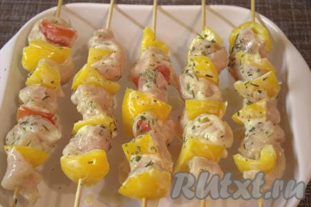 На борт жаропрочной формы выложить подготовленные куриные шашлычки на шпажках и отправить на 30-35 минут (до готовности мяса) в духовку, заранее разогретую до 180 градусов. Для того чтобы кусочки мяса равномерно зарумянились, необходимо в процессе запекания несколько раз перевернуть шашлычки.